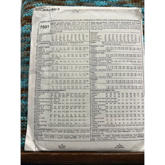 McCalls 7501 pattern jacket tunic top pull-on pants pullon skirt size 20 22 24 - Picture 3 of 7